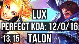 LUX vs TALON (MID) | 12/0/16, Legendary, 1.5M mastery | EUW Master | 13.15