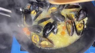 Shellfish Platter:  Curried Mussels and Bruschetta