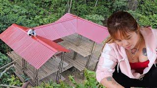 The girl built a roof with corrugated iron and a two-story wooden house.