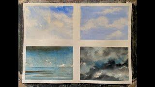 Paint 4 Different Watercolour Skies, Simple Landscape Watercolor Sky Storm Practice Demo Tutorial,