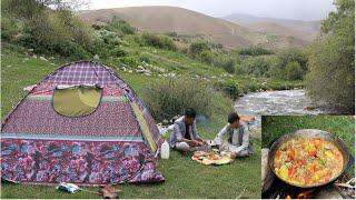 Camping and Cooking at a Waterfall- Outdoor Cooking Yummy Lamb Meat with Potatoes For Lunch