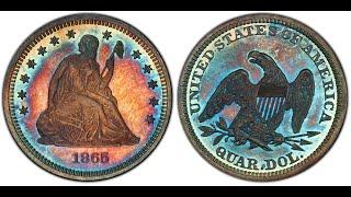 1865 Seated Quarter in Proof 66 with Rainbow Toning