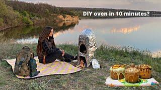 Solo camping on the slope | Cooking Easter Cakes on Fire | DIY Outdoor Oven for baking in 10 minutes