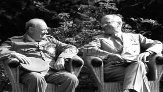 Harry S. Truman,Winston Churchill and Joseph Stalin seated in Cecilienhof garden ...HD Stock Footage