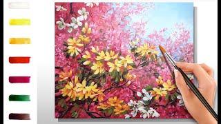 Sakura and flowers. How to paint landscape ACRYLIC tutorial DEMO