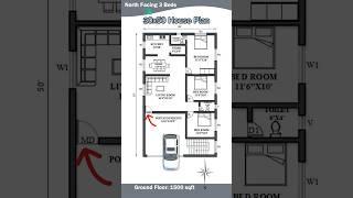 30’× 50’ house plan, North facing 3 beds, 30 by 50 home plan, 30*50 house plan with car parking