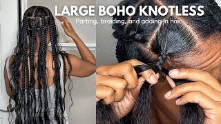 Large Boho Knotless Braids Tutorial | BEGINNER | Parting,Braiding & How To Feed In The Hair | JusBTV