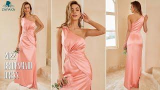 Zapaka Women Long Bridesmaid Dress Peach One Shoulder Wedding Party Dress with Ruffles