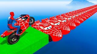 SPIDER-MAN Rides a Motorcycle on the Spider McQueen Bridge in GTA 5! (Spider Shark Jumps)