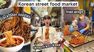 Mukbang at Korean Street Food Market: black bean noodles, fried wings, deep-fried donut | Q2HAN