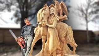 AMAZING CHAINSAW wood carving, Native American girl with horse and eagle