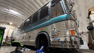 Prevost bus with major safety concerns getting fixed and overdue maintenance getting caught up.