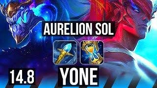 AURELION SOL vs YONE (MID) | 1300+ games, Godlike, 8/4/14 | KR Master | 14.8