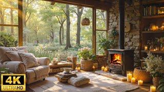 Spring Cabin Ambience  Soft Piano, Warm Fireplace and Sounds of Nature for Deep Sleep