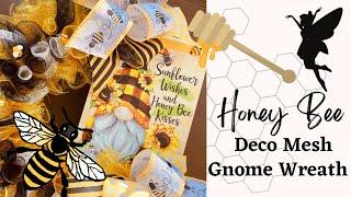 Honey Bee gnome wreath / Dollar Tree deco mesh wreath tutorial / spring wreath diy