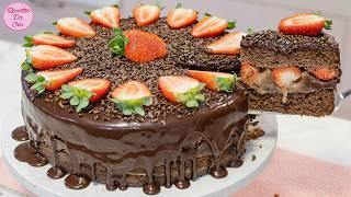 CHOCOLATE CAKE WITH BRIGADEIRO AND STRAWBERRY FILLING, SUPER EASY AND MOIST! MELT IN YOUR MOUTH!