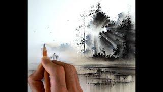 How to draw a misty morning scenery using oil pastel / step by step tutorial