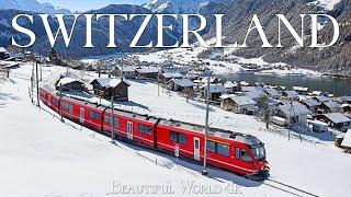 Switzerland 4K – Winter Wonderland on Scenic Train Journeys Through the Alps - Relaxing Music