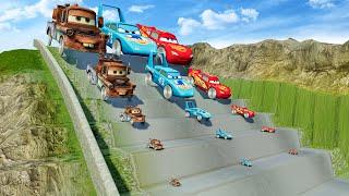 Big & Small Tow Mater King Dinoco Lightning Mcqueen with SAW wheels vs DANGEROUS ROAD