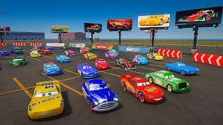 Pixar Cars Race in the Parking lot - McQueen vs Doc Hudson Cruz Ramirez Chick Hicks Finn McMissile