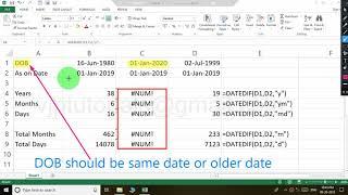 How to fix NUM error for age calculation in excel