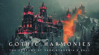 Gothic Harmonies: The Castle's Red Glow Pulses with the Rhythms of Dark Academia’s Soul