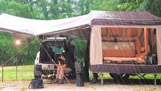  Relaxing camping in the heavy rain  Holidays in automatic tent trailers