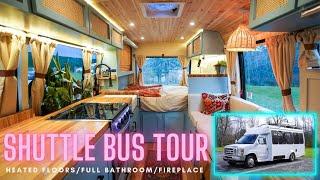 INSPIRING Shuttle Bus Conversion Tour | Heated Floors, Full Bathroom, Fire Place Heater