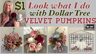 $1 DOLLAR TREE VELVET PUMPKINS DIYS | PUMPKIN ARRANGEMENT | PUMPKIN PEDESTAL | GLAM PUMPKIN DECOR!