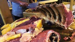 Giant Ribeye Steaks. Cutting and Grilling. Street Food in Barcelona, Spain. Meat&Fire Fest