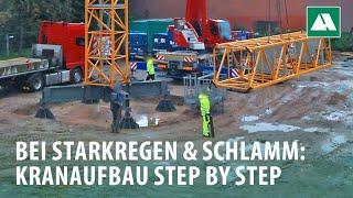 Starkregen auf der Baustelle: Kranaufbau unter herausfordernden Bedingungen ️️