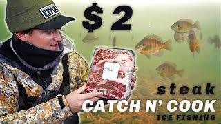 $2 Steak Ice Fishing Catch N' Cook! (Underwater Jigging)