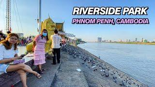 Walking tour Riverside Park in Phnom Penh city evening, Cambodia