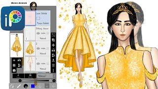 How to draw fashion illustration with ibis paint x || yellow dress sparkling