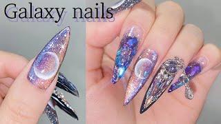 Starry sky galaxy nails nail extensions at home nail art / asmr