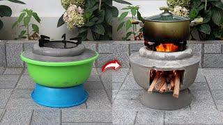 How to cast a simple cement stove from plastic pots