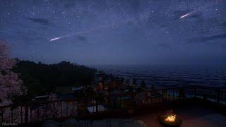 Camping On A Rooftop Overlooking The Sea On A Comet Falling Night | Crackling Fire, Wave Sounds