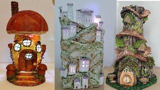 3 ideas Bottle Art and Glass Jar decoration. Fairy house lamp using paper rolls and cardboard