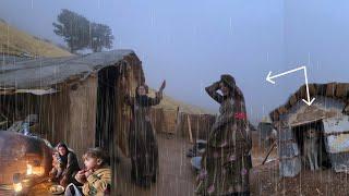 Genius of single nomadic mother: protecting her young children in a rain storm