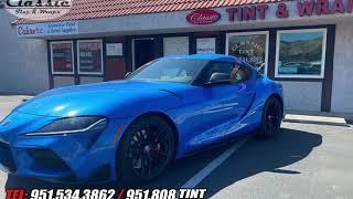 Refraction Blue Toyota Supra window tint job done at Classic Tint and Wraps in Riverside.