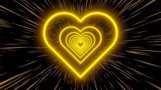 Neon Tunnel of Yellow Neon Hearts on a Black Background. Video Loop