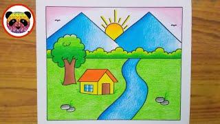 Scenery Drawing / Landscape Drawing / Nature Drawing / Village Drawing / How to Draw Easy Scenery