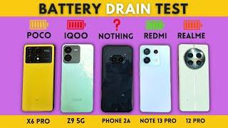 (5G) Battery Drain Test | Nothing Phone 2a vs iQOO Z9 vs POCO X6 Pro vs Note 13 Pro vs Realme 12 Pro