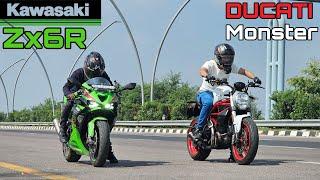 Ducati Monster 797 vs Kawasaki Ninja Zx6R || Drag Race || L twin vs Inline 4