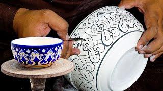 Mesmerizing Blue Pottery Art: Watch a Master Transform Bowls into Masterpieces