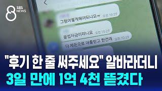 "후기 한 줄 써주세요" 알바라더니…3일 만에 1억 4천 뜯겼다 / SBS 8뉴스