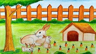 How to draw Beautiful Rabbit's scenery Drawing || Easy Rabbit scenery Drawing - step by step