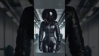 SEXY GIRL IN A SPACESUIT. GIRL IN A BLACK LEATHER SKI SUIT WITH A HOOD AND A GAS MASK.