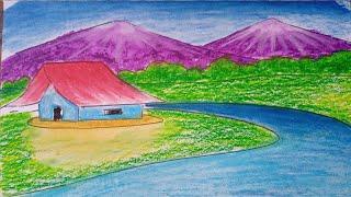 Beautiful Village Scenery Drawing with Oil Pastels  | Step-by-Step Tutorial ️