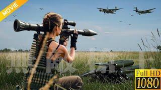 The female agent raises a rocket launcher and shoots down the enemy's plane.